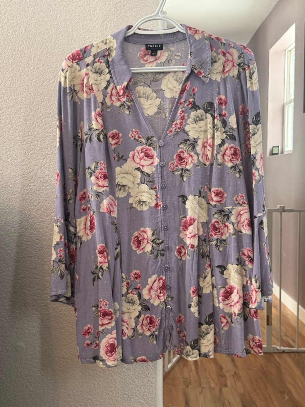 torrid Lavender Floral Button-Down Blouse with Cream and Pink Roses